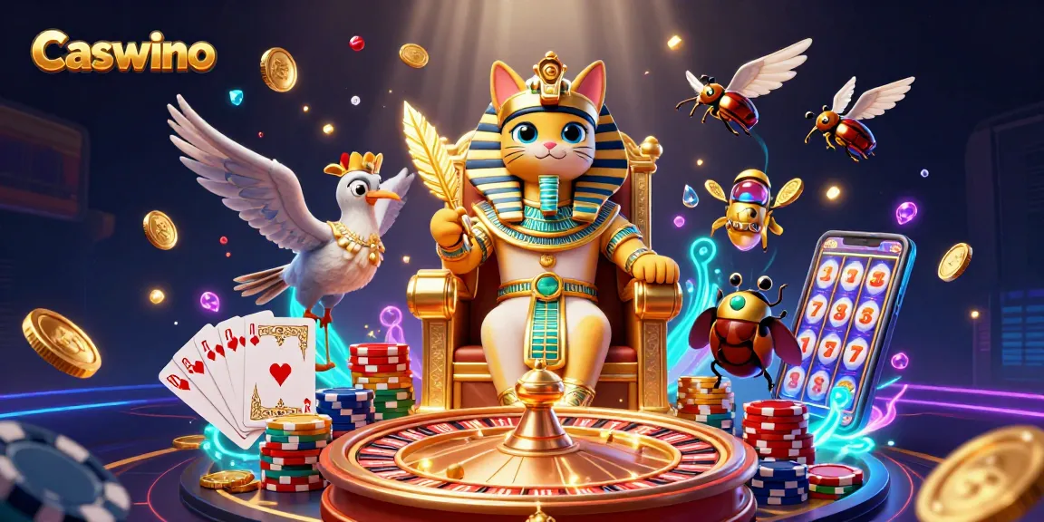Experience thrilling Caswino gameplay with pharaoh cat, vibrant casino elements, and lucky sevens!