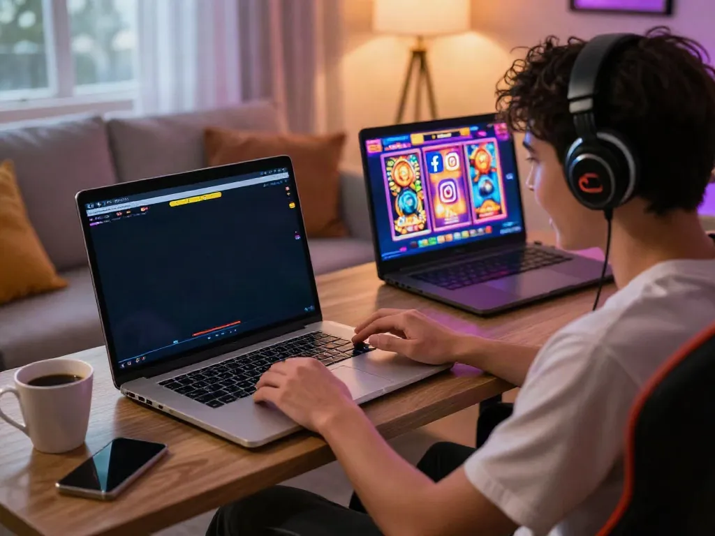 Engaged player enjoying slot online games in a cozy home setup.