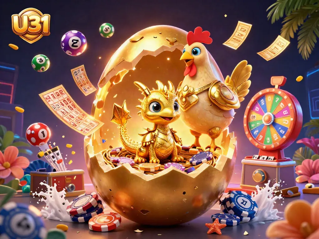 Bet on U31 with a golden dragon guarding poker chips amidst vibrant casino elements.