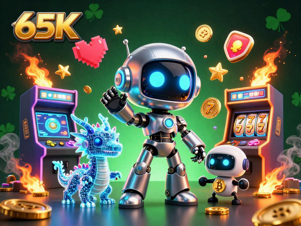 O 65K apresenta um robô cyberpunk e um dragão holográfico em um cenário de cassino vibrante.