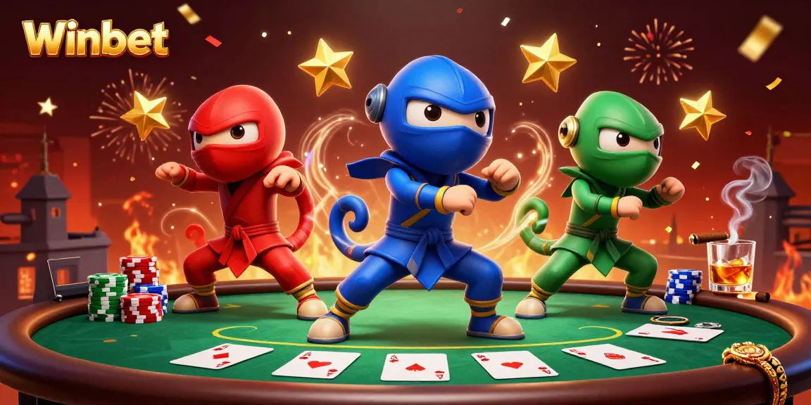 Winbet chameleon ninjas engage in synchronized martial arts among poker chips and cards