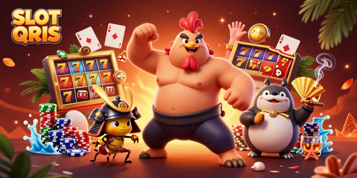 Experience the excitement of SLOT QRIS with dynamic characters and vibrant casino elements in an engaging 3D scene.