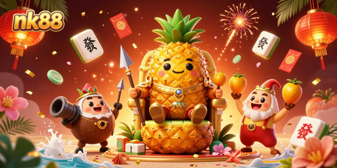 Engage with nk88's vibrant beach casino scene featuring a golden pineapple king and lively gaming elements.
