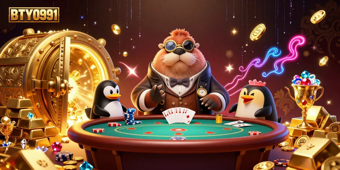 BTY0991 walrus at poker table embodies fun and strategy in a vibrant casino scene.