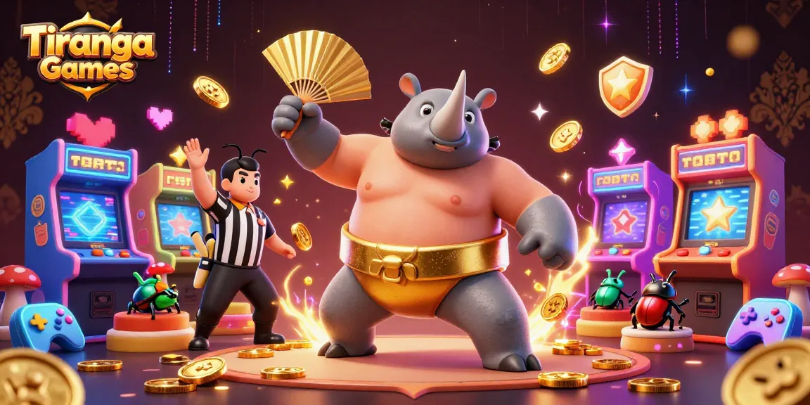 Tiranga Games showcases a lively scene of a sumo beetle champion winning coins on a vibrant gambling stage.