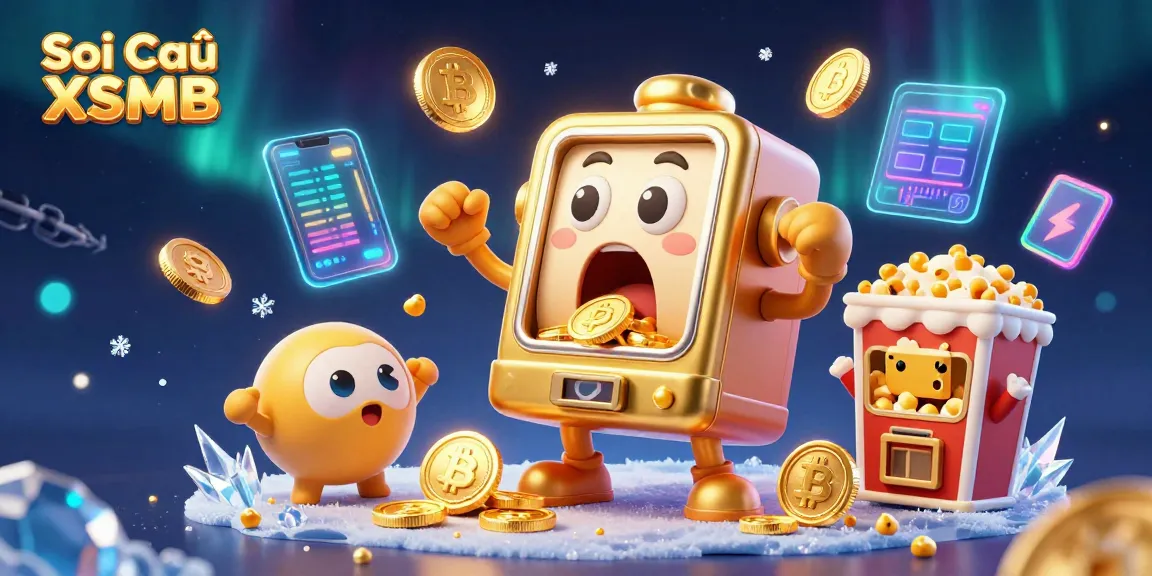 Soi Cầu XSMB shows a golden slot machine winning big with coins pouring out, glowing cryptocurrency elements around.