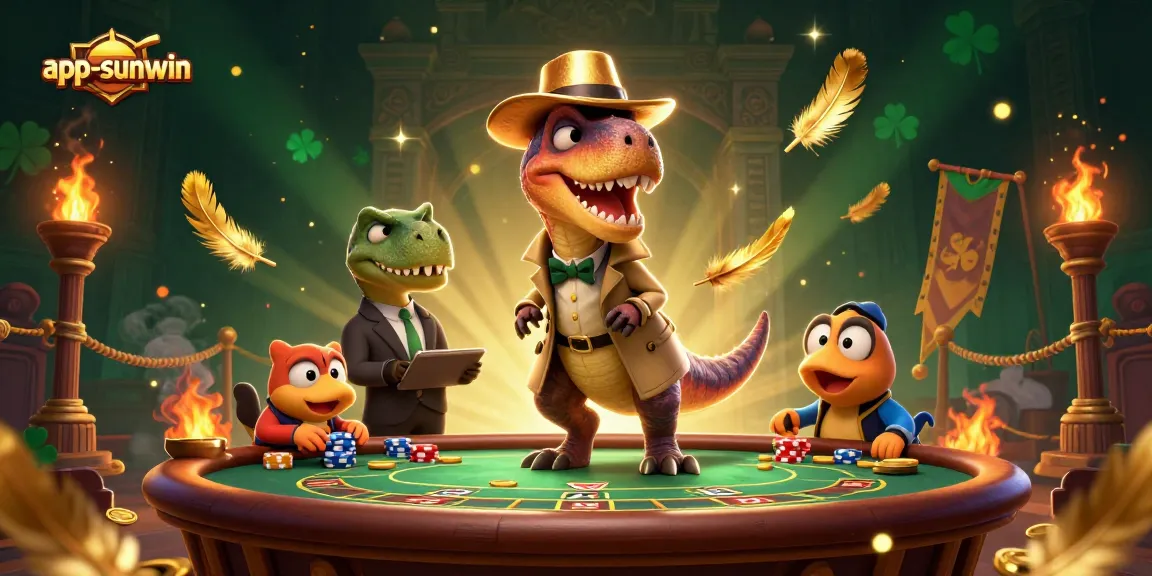 Engage with thrilling app-sunwin gameplay at a bustling casino table featuring cartoon dinosaurs.