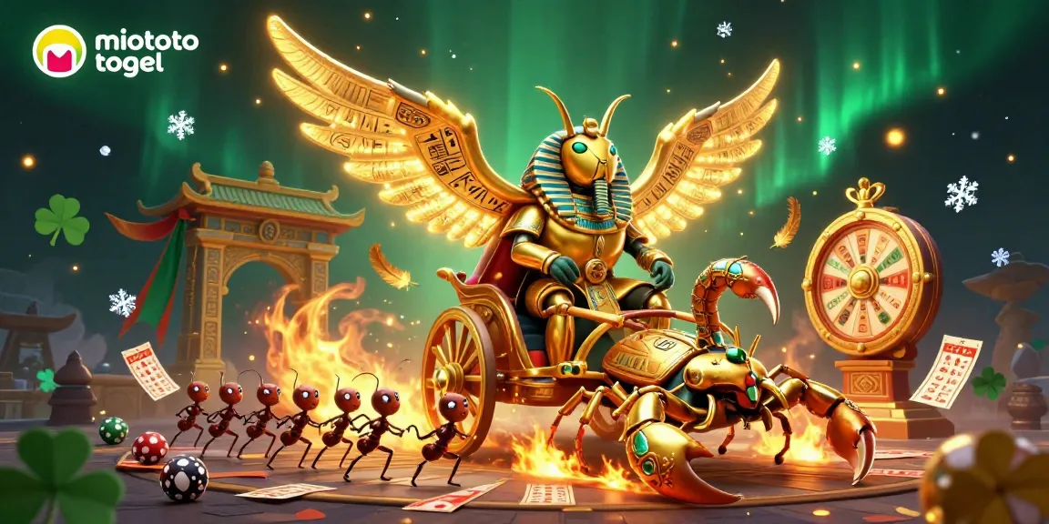 Engage with miototo togel in an exciting lottery scene featuring a golden scarab and ornate elements.