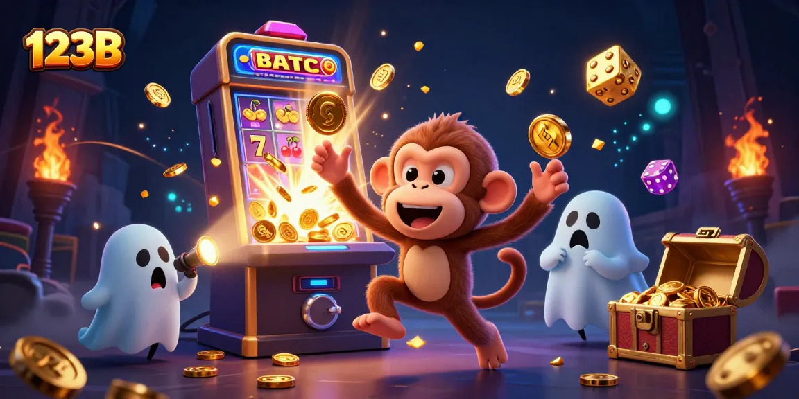 Players enjoy thrilling jackpots at 123B Casino while a mischievous monkey juggles coins.