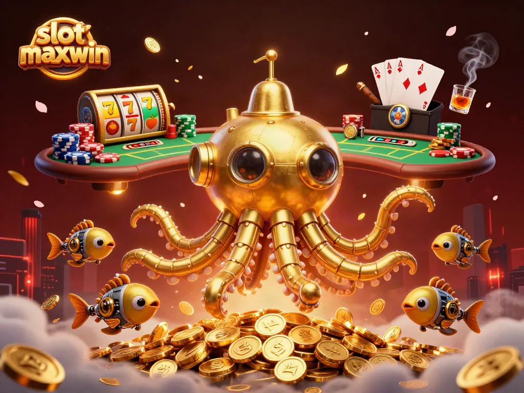 Permainan slot maxwin dengan karakter kraken dan ikan mekanik dalam desain kasino yang dinamis.