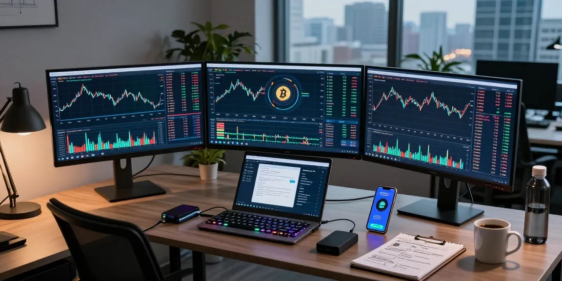 Play exchange focused crypto trading setup featuring monitors displaying Bitcoin charts, digital wallet app, and DeFi platforms.