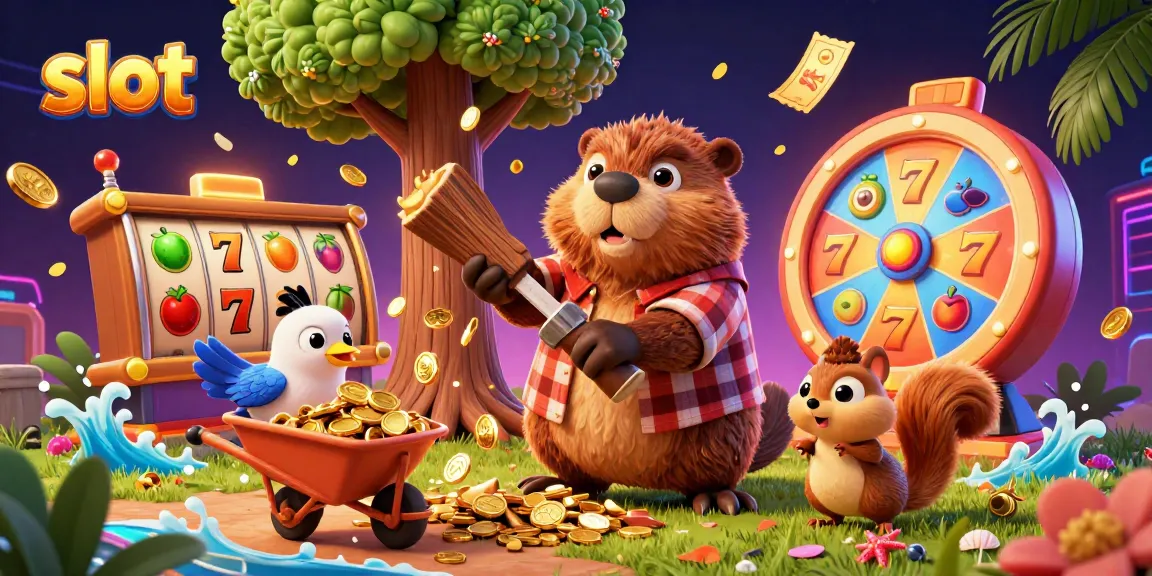 Spin the slot for big wins with a lively scene of a beaver, bird, and squirrel amidst gold coins.