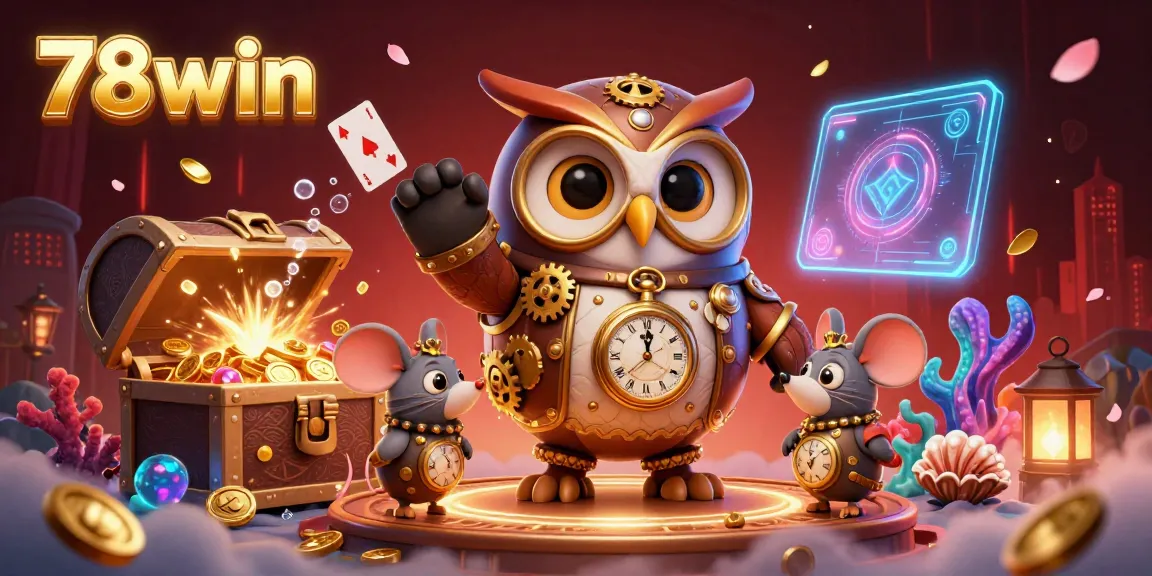 Immerse in the vibrant world of 78win, where the 3D cartoon owl and mouse navigate a glittering casino filled with treasures and excitement.