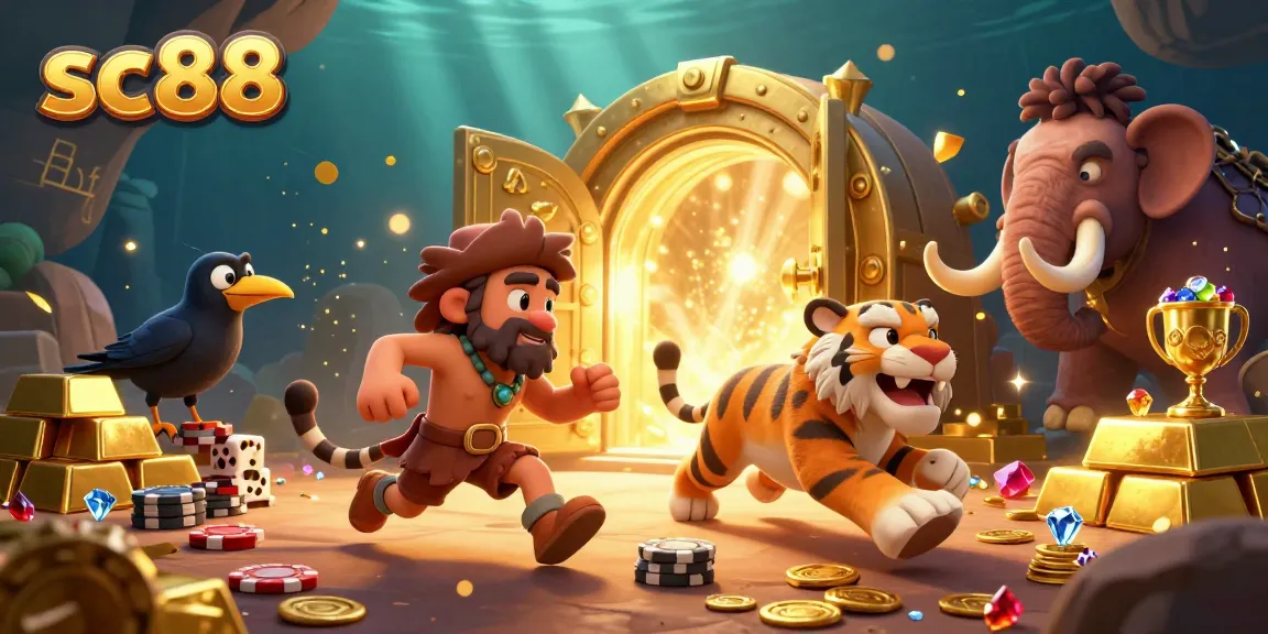 Experience the thrilling world of sc88 with a prehistoric casino scene featuring a caveman duo, tiger, and treasures.