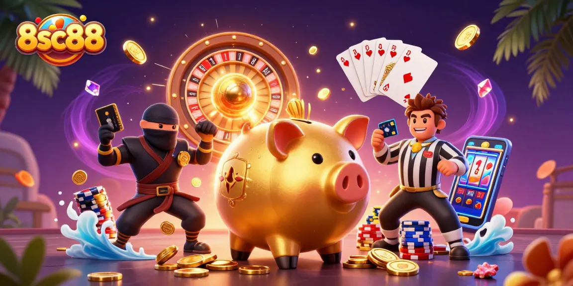 Experience the excitement of 8sc88 with our vibrant casino scene, featuring energetic gaming characters and dynamic elements.
