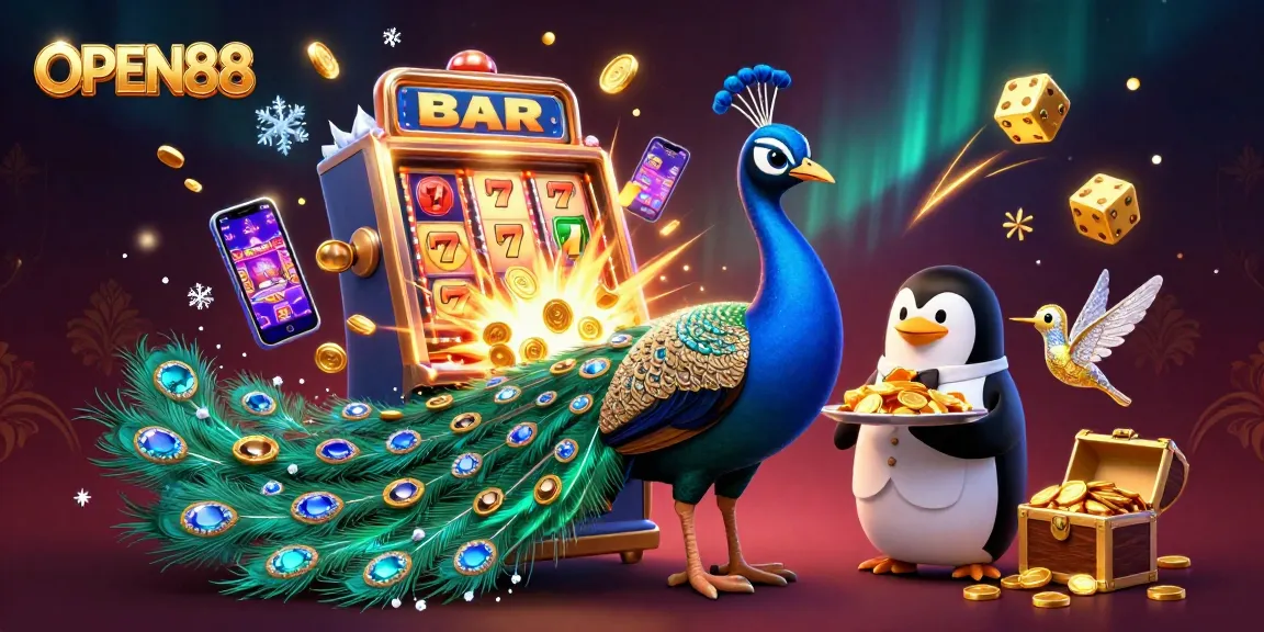 Experience a winning moment at OPEN88 with a colorful, vibrant casino scene featuring characters and excitement.
