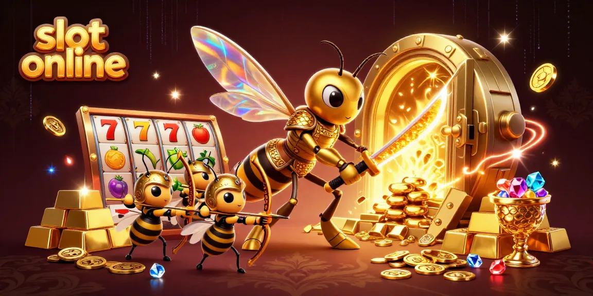 Experience winning with slot online featuring a dynamic scene of bee characters among golden riches and vibrant slot symbols.