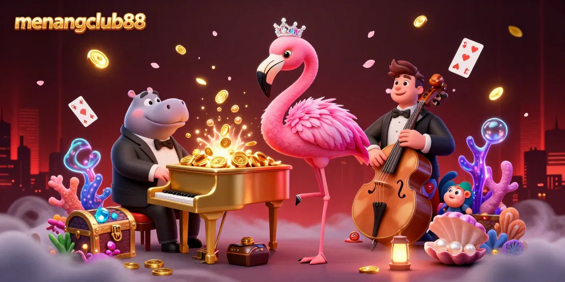 Engage with menangclub88's vibrant gaming strategies featuring a flamingo and hippo in a dynamic casino scene.