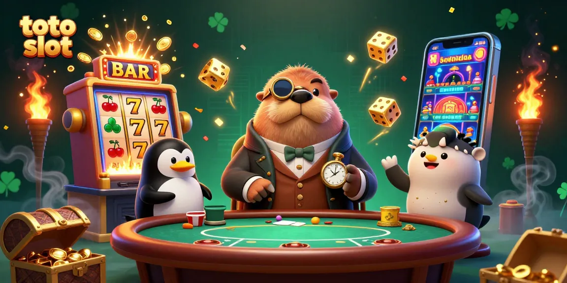 Unleash excitement at the toto slot tables with our jolly walrus dealer in a vibrant underwater casino scene.