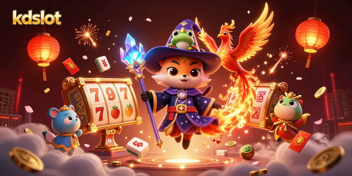 KDSlot magic illustrated with charming characters and energetic casino elements in a vivid 3D scene.