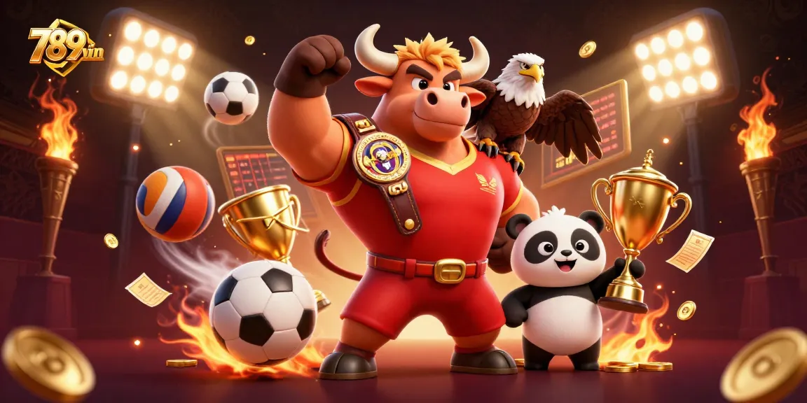 Win big at 789win with a cartoon mascot celebration and dynamic sports elements.