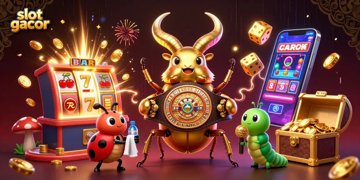 A colorful illustration of a giant golden stag beetle champion in a boxing scene, symbolizing winning strategies in slot gacor gaming.