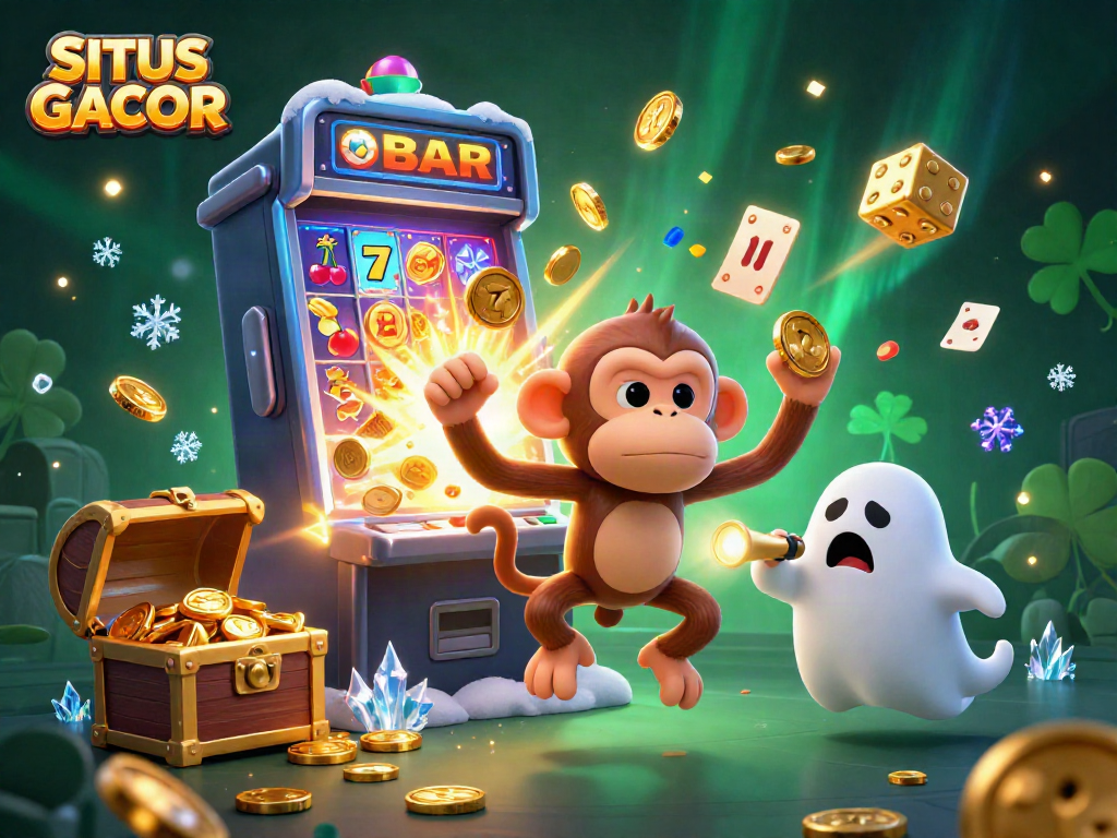 SITUS GACOR shows a poltergeist monkey and ghost-hunter puppy in a vibrant casino scene with a jackpot.