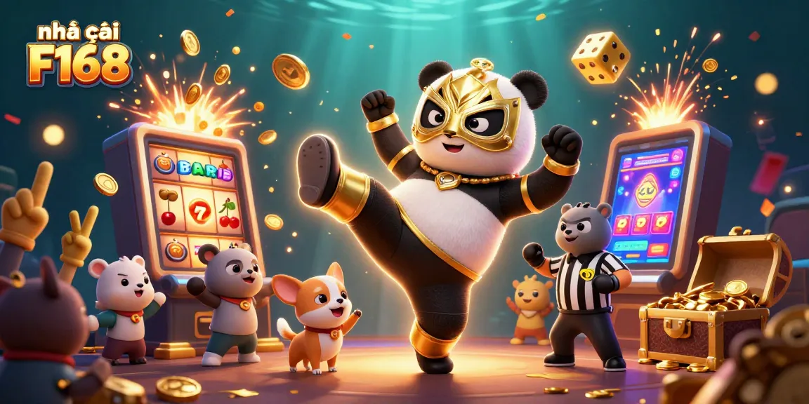Experience the excitement of nhà cái F168 with a dynamic scene of gambling and rewards featuring a panda wrestler and cheering spectators.