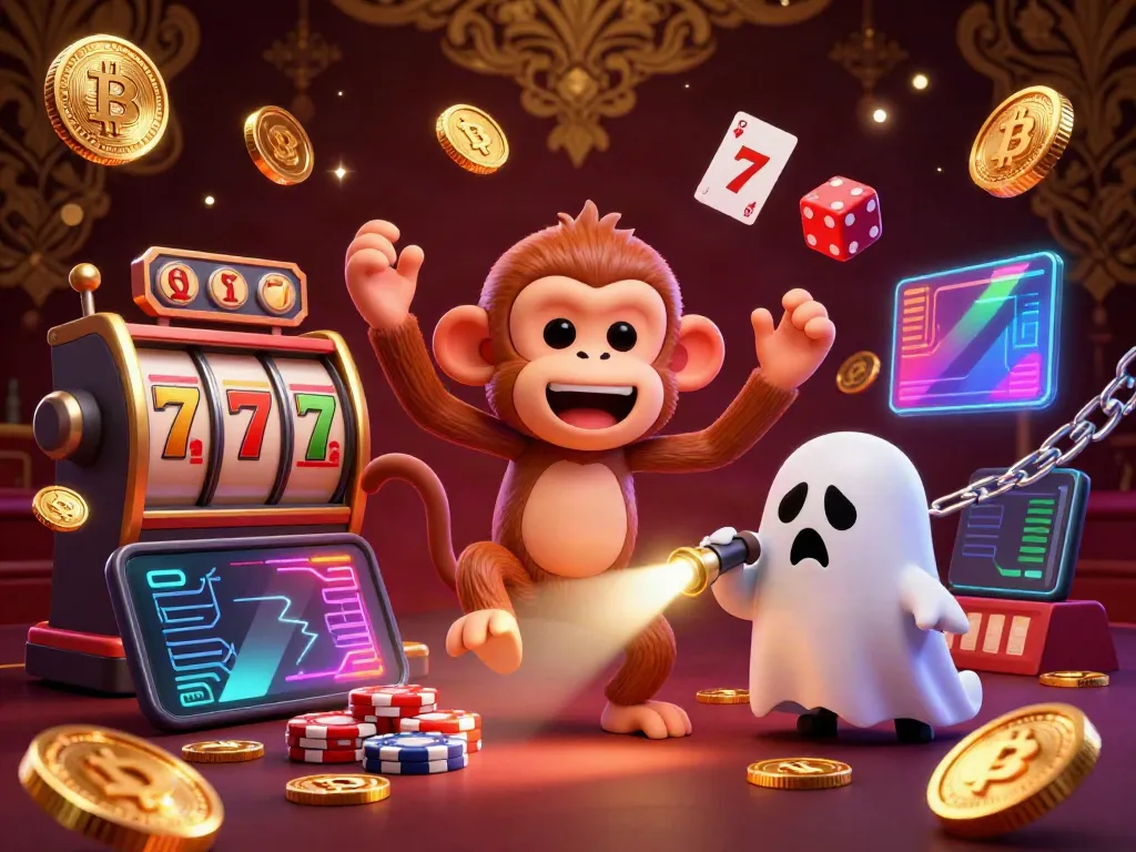 Experience the excitement of situs slot with a mischievous monkey juggling golden coins in a haunted casino scene.