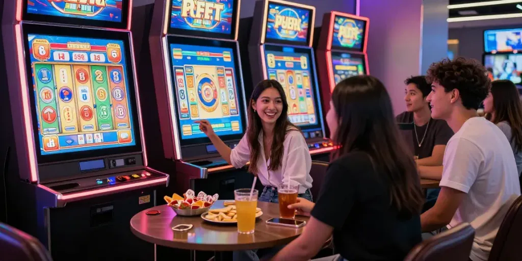 Pengalaman bermain slot mahjong dengan teman-teman di lounge permainan modern.