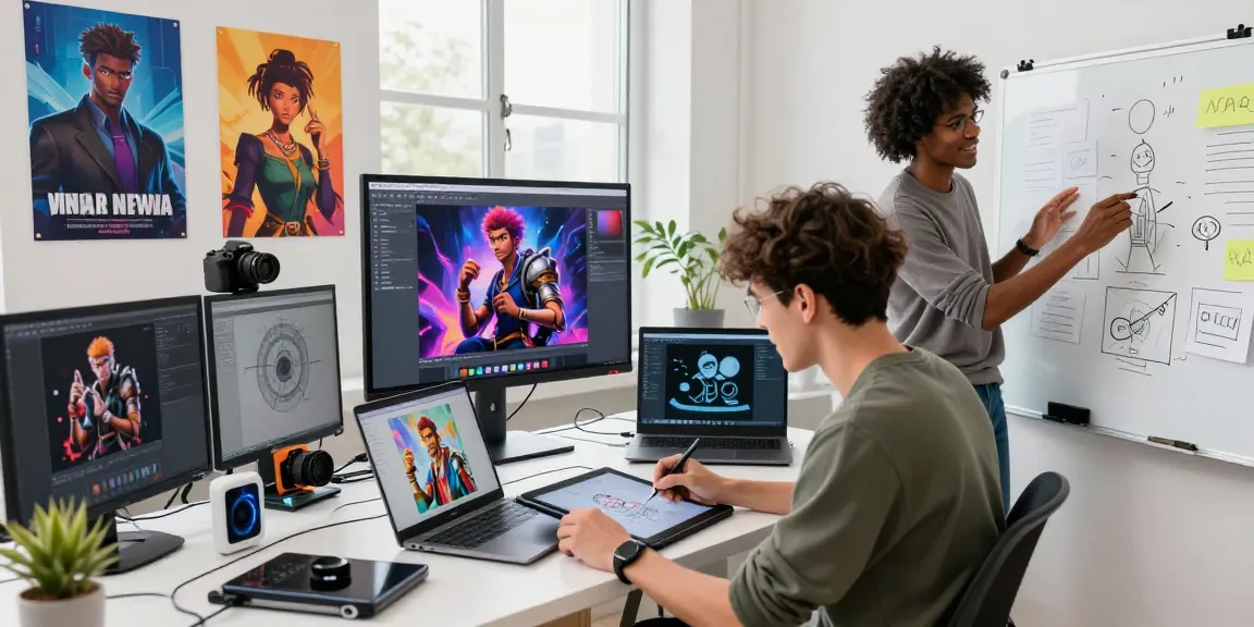 A collaborative team developing NSFW AI characters in a bright digital studio.