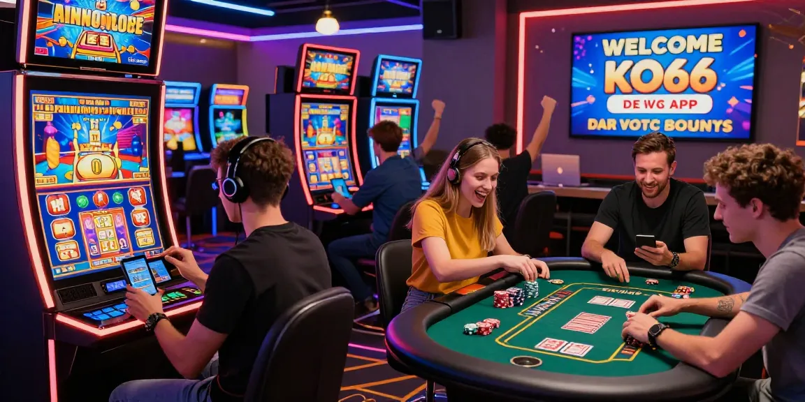 Players enjoying online games at KO66 Casino, celebrating wins and engaging with promotions in a vibrant virtual environment.