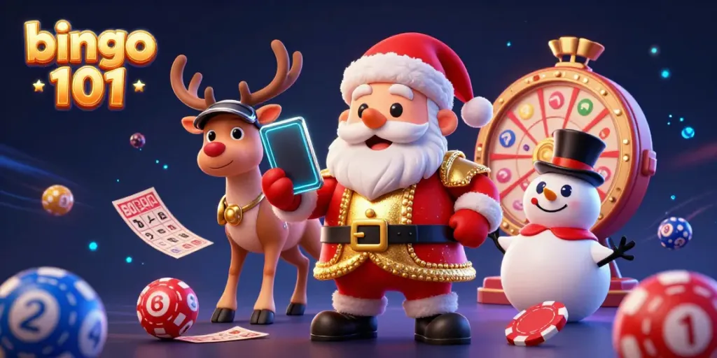 Experience the excitement of bingo 101 as Santa Claus and friends showcase a lively casino atmosphere.