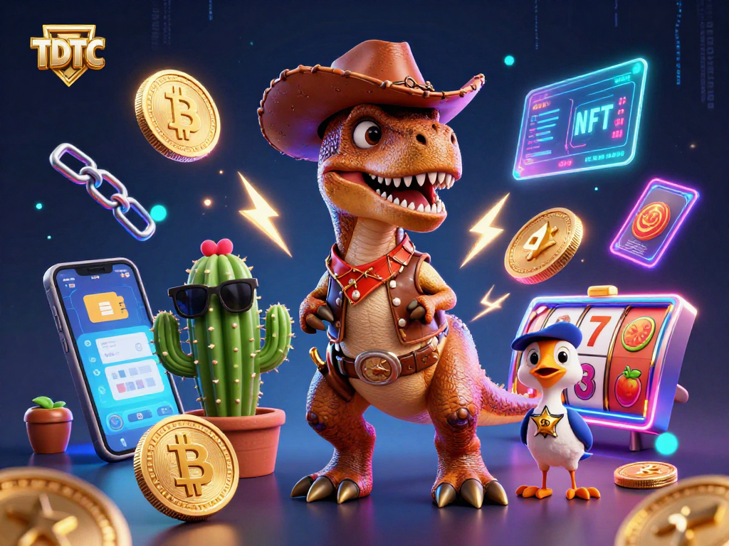 Engaging TDTC illustration showcasing a cowboy dinosaur and crypto elements, perfect for players.