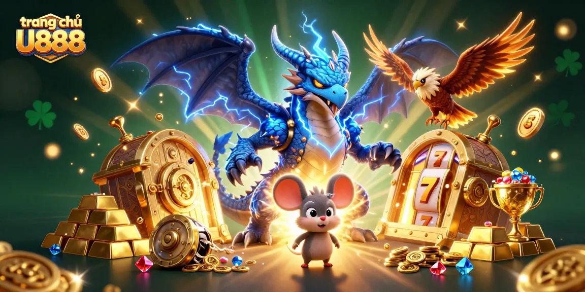Engage with the enchanting trang chủ U888 scene showcasing a thunder dragon amidst gold and slot elements.