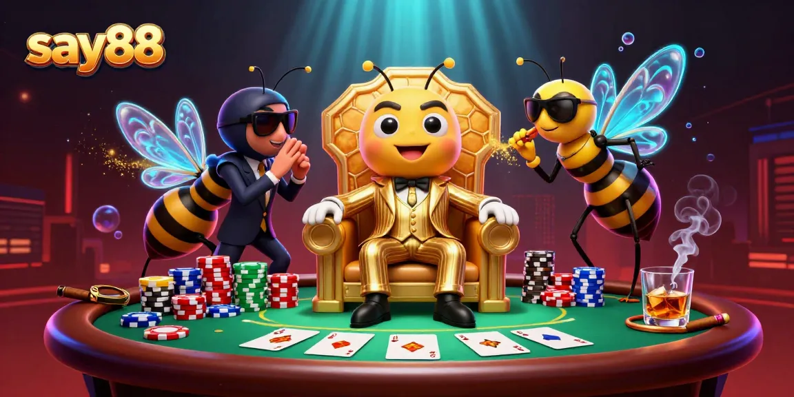 Experience the thrill of say88 casino with a vivid 3D illustration featuring a bumblebee mob boss and poker elements.