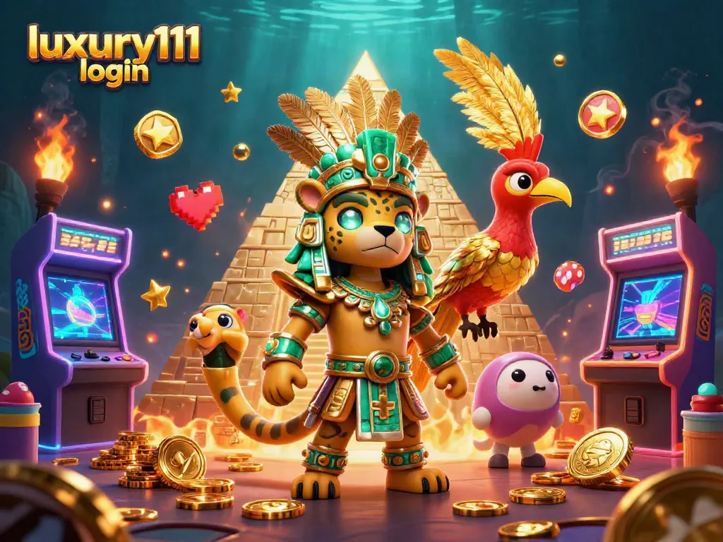 Engage with luxury111 login through vibrant gaming, featuring a Mayan jaguar priest amidst animated casino elements.