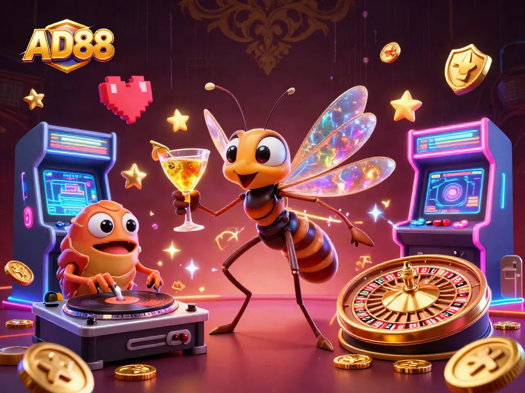 Experience top casino action with AD88's vibrant 3D illustration of engaging gaming characters.