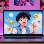 A lively hentai chat scene featuring an animated character engaging joyfully on a laptop with playful emojis, illustrating an interactive virtual experience.