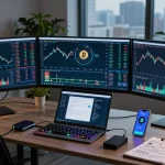 Play exchange focused crypto trading setup featuring monitors displaying Bitcoin charts, digital wallet app, and DeFi platforms.