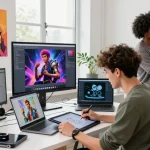 A collaborative team developing NSFW AI characters in a bright digital studio.