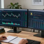 Отзыв о Bitmex: трейдер анализирует данные с интерфейсом BitMEX на экране.
